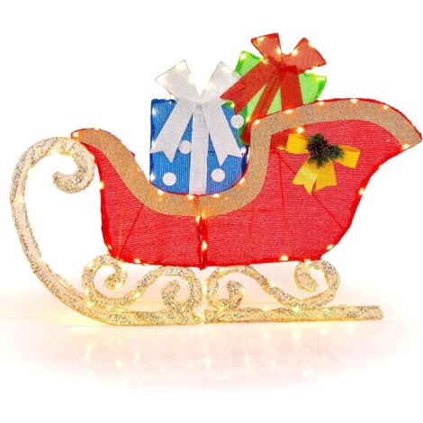 COSTWAY Trineo de Papá Noel, Trineo de Navidad Iluminado con 94 Luces LED Cálidas Preiluminadas y Estacas, Decoración Navideña 123 x 26 x 85 cm