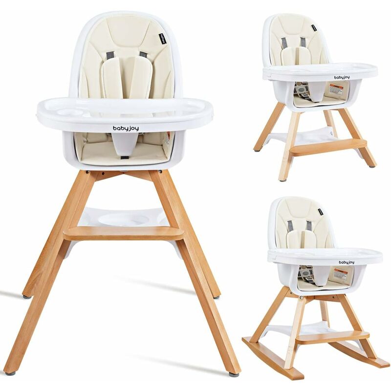

Trona para Niños Trona de Madera Convertible 3 en 1 con Bandeja Removible y Cojín en Símil-cuero PU Desmontable (Beige) - Costway