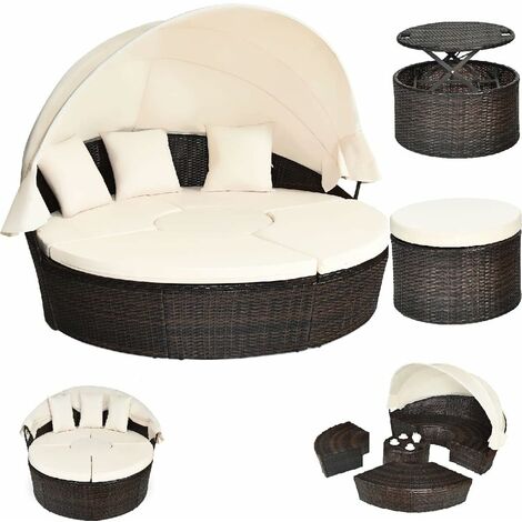 COSTWAY Tumbona Isla de Ratán Jardin, Toldo Plegable, Cama Isla Exterior con Mesa Ajustable de Altura, Protección UV, 3 Cojines Impermeables Extraíbles