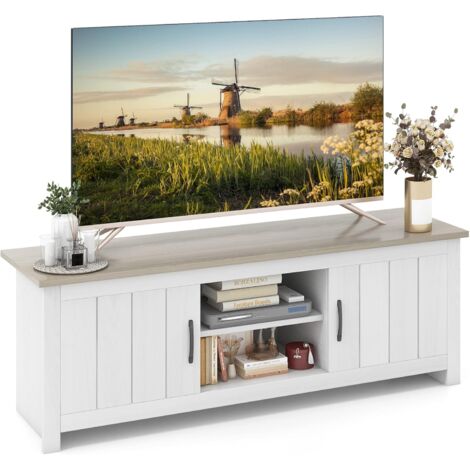 COSTWAY TV Schrank aus Holz, TV Ständer für Fernseher bis 65 Zoll, Fernsehtisch mit Schränken & offenen Regalen, Lowboard Fernsehschrank für Wohnzimmer Schlafzimmer, 145 x 40 x 50cm (Weiß + Grau)