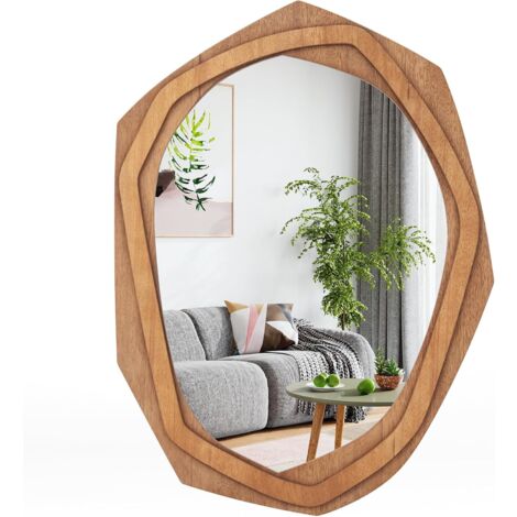 COSTWAY unregelmäßiger Wandspiegel, asymmetrischer Spiegel mit Holzrahmen, HD-Reflexion, gerahmter Hängespiegel, Kosmetikspiegel Wand, dekorativ für Flur Badezimmer Schlafzimmer (Natur, 89,5 x 66 cm)
