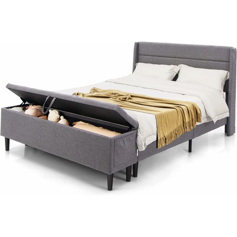 Costway - Upholstered Double Bed Frame With Ottoman Bench And Headboard, Wooden Slat Support Platform Bed, Modern Mattress Foundation Bedstead Base