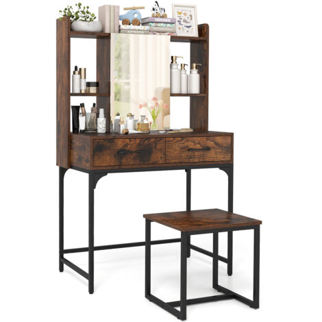 COSTWAY Vanity Desk Wide Makeup Dressing Table with Power Outlets-Brown