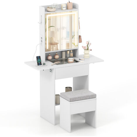 COSTWAY Vanity Desk with Lighted Mirror 3 Color Modes Foldable Panels Power Outlets White