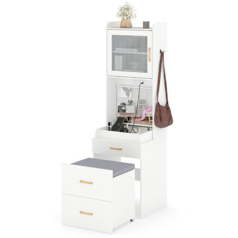 COSTWAY Vanity Desk with Movable Storage Stool & Flip-up Mirror-White