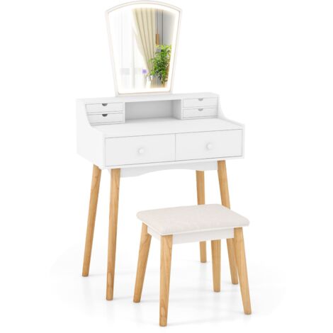 COSTWAY Vanity Dressing Table and Chair Set Set w/Mirror and Lights-White