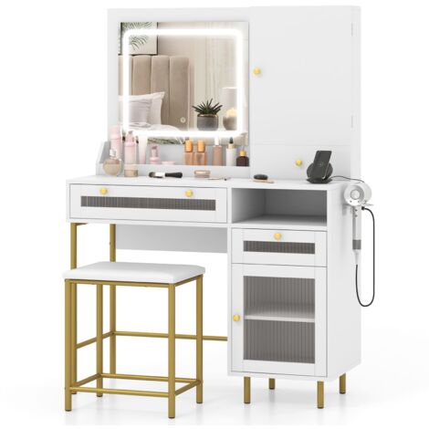 COSTWAY Vanity Set Dressing Table & Chair Set w/3 Lighting Modes & Cabinet