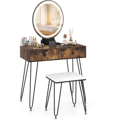 COSTWAY Vanity Set Makeup Dressing Table w/ Soft Cushioned Stool & Mirror-Brown