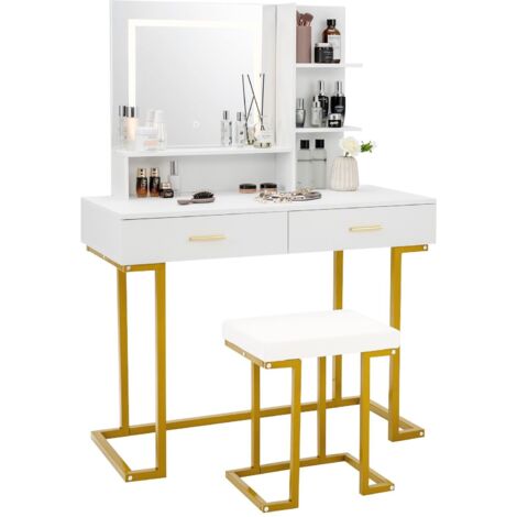 COSTWAY Vanity Table Set Makeup Dressing Table with Cushioned Stool W/ Large LED Mirror