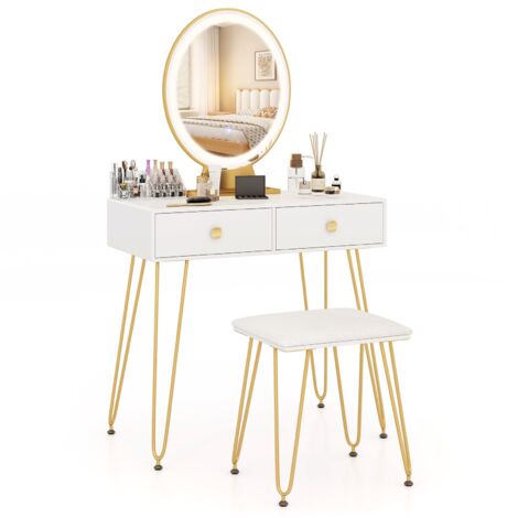 COSTWAY Vanity Table & Stool Set Bedroom Mirrored Makeup Dressing Table Desk