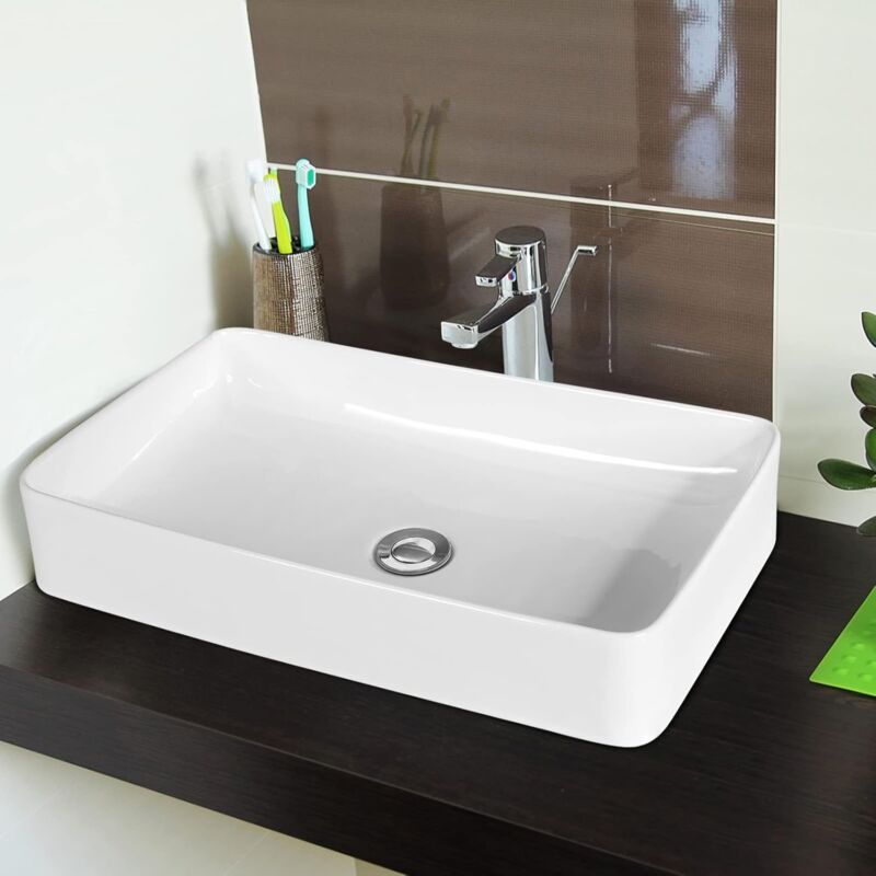 Vasque à Poser Salle de Bain en Porcelaine Blanche/Lavabo rectangulaire 60 x 35 cm avec Vidange Escamotable - Costway