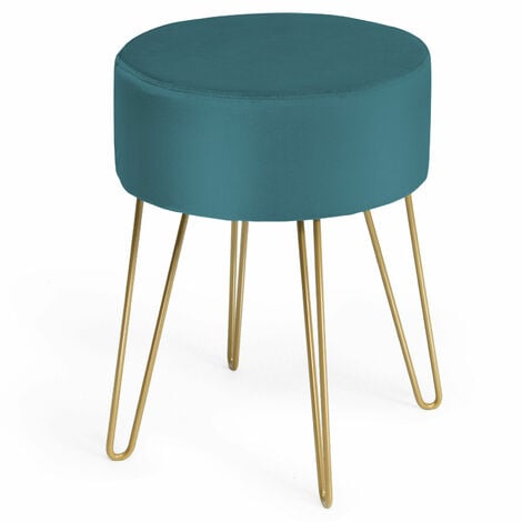COSTWAY Velvet Round Footstool, Upholstered Dressing Table Stool with Metal Legs, Home Bedroom Living Room Ottoman Pouffe (Dark Green)
