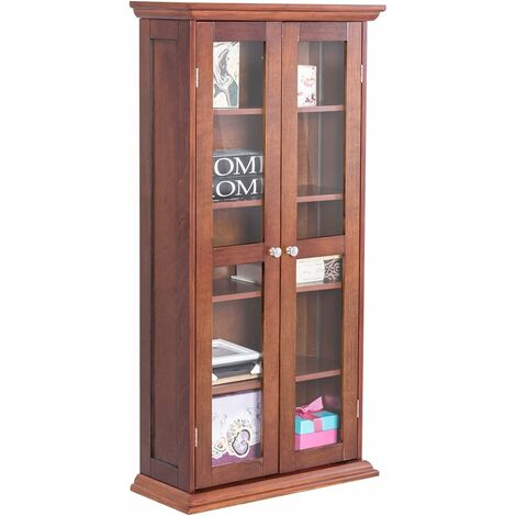 COSTWAY Vitrine/Armoire Bibliothèque en Verre à Double Porte, Armoire de Cuisine Vitrée Bibliothèque Manga avec 4 Étagères Réglables pour 100 CD/DVD, 56x24x113cm