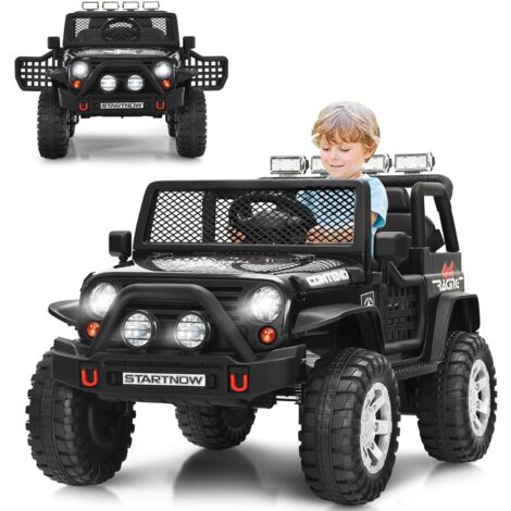 Costway – Voiture électrique enfant 12V – Télécommande 2,4G – 2 places – Démarrage lent – Lumières LED – Musique – Charge 50kg – Pour 3 ans+ (Noir)