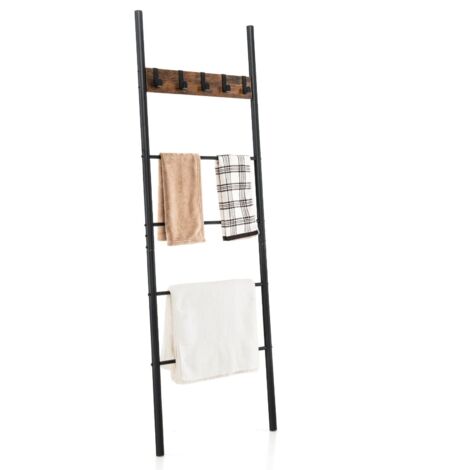 COSTWAY Wall Leaning Industrial Blanket Holder Rack 5-Tier Ladder Shelf with 5 Hooks