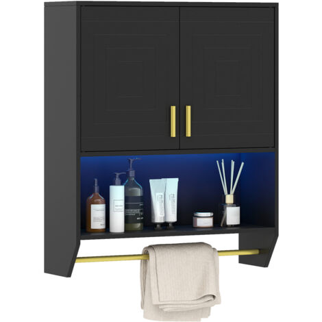 COSTWAY Wall Mounted Bathroom Cabinet with 3-Color Lights 60x20x71.5cm Black