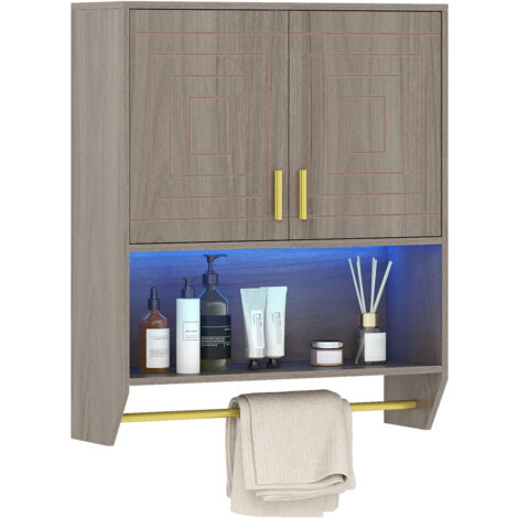 COSTWAY Wall Mounted Bathroom Cabinet with 3-Color Lights 60x20x71.5cm Grey