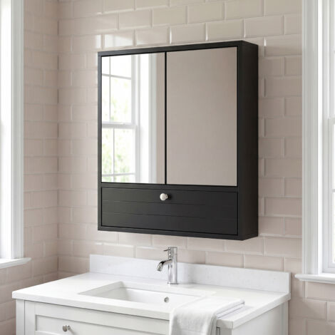 COSTWAY Wall-Mounted Bathroom Cabinet with Mirror Double Door Medicine Cabinet-Black