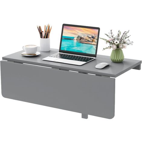 COSTWAY Wall Mounted Folding Table 80x60cm Drop-Leaf Floating Writing Desk-Grey