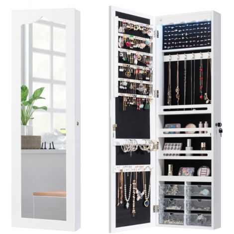 COSTWAY Wall Mounted LED Mirror Jewelry Organizer 6 Drawers-White