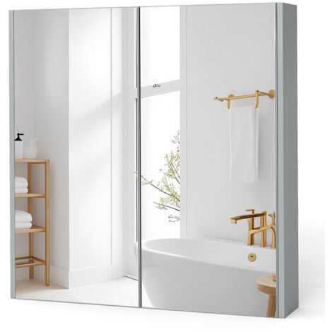 COSTWAY Wall Mounted Storage Cupboard Bathroom Mirror Cabinet with Shelf-Grey