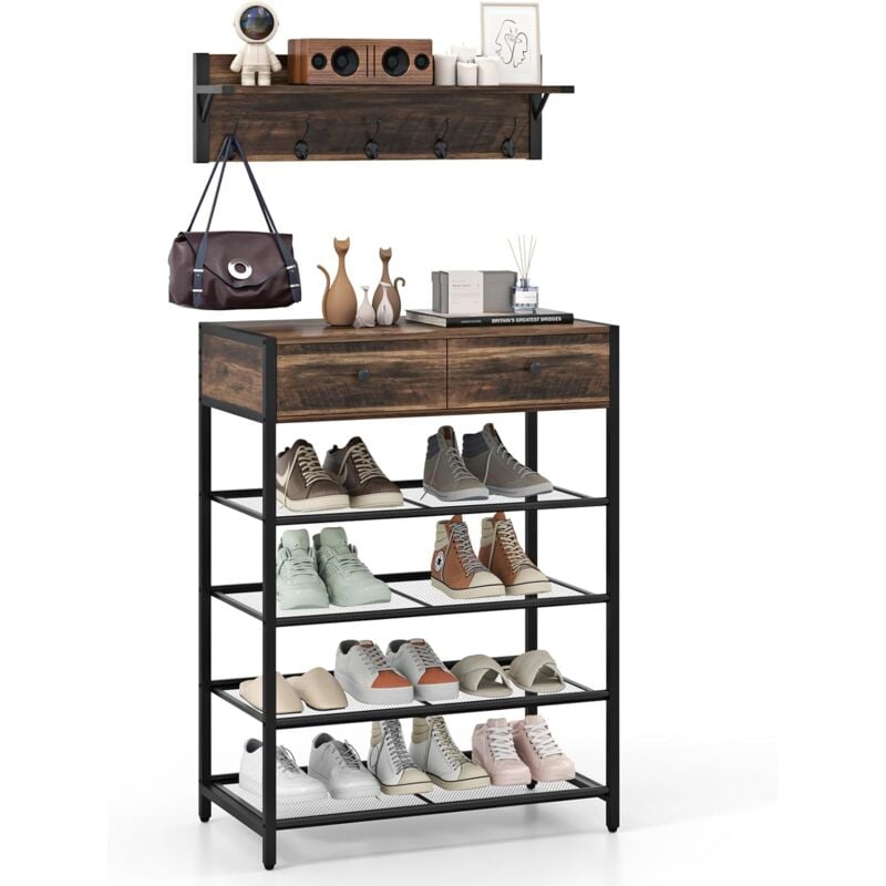 Costway - Wandgarderobe mit Schuhregal, Wandregal mit Ablage & 5 Haken, Schuhständer mit 4 Gitterablagen & 2 Schubladen & 2 Seithaken, Flurgarderobe