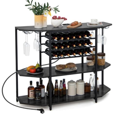 COSTWAY Weinregal mit Glashalter & Regalen, 3 Ebenen Flaschenregal mit Steckdosen, für 21 Weinflaschen, industrieller & freistehender Weinschrank für Zuhause, Küche, Bar, 120 x 40 x 92 cm (Grau)