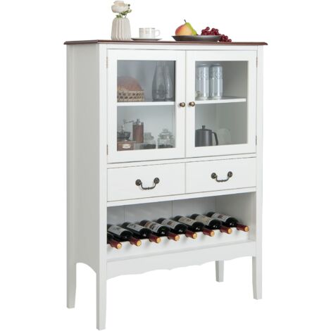 COSTWAY Weinschrank mit 2 Türen, 2 Schubladen aus gehärtetem Glas, Kiefernholz, freistehender Sideboard mit Kippsicherung für Küche, Esszimmer & Wohnzimmer Weiß
