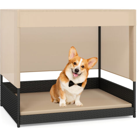 COSTWAY Wicker Dog House Raised Rattan Dogs Bed with Removable Cushion-Black