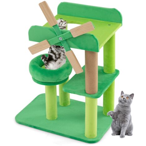 COSTWAY Windmill Cat Tree 4-Layer Cat Tower with Scratching Post-Green