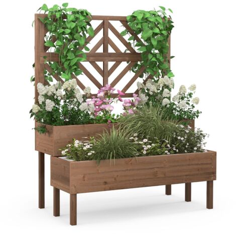 COSTWAY Wood 2-Tier Raised Garden Bed with Trellis Elevated Planter Box Container w/ Leg