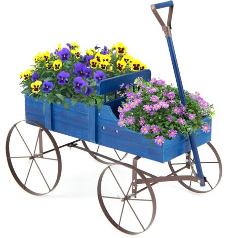 COSTWAY Wood Wagon Flower Planter Backyard Decorative Pot Stand with Wheels