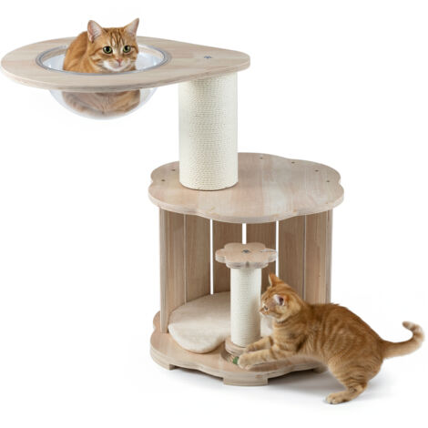 COSTWAY Wooden Cat Tree 3-Level Cute Kitten Tower with Condo-Natural