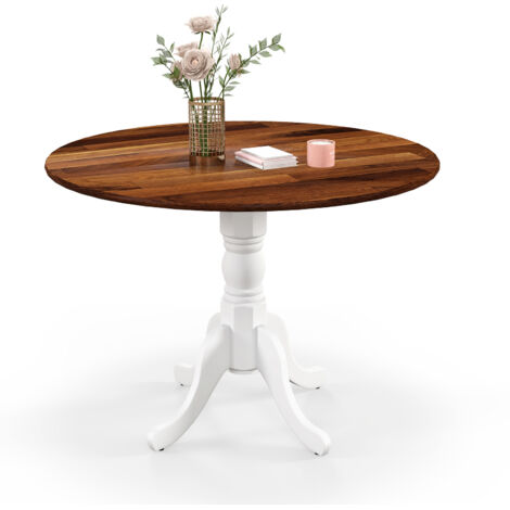COSTWAY Wooden Dining Table with Round Tabletop & Curved Trestle Legs-Brown