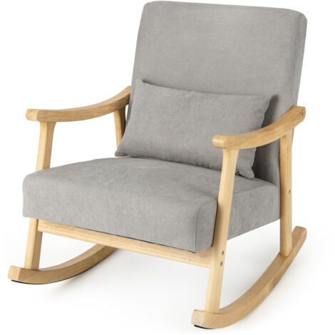 COSTWAY Wooden Rocking Accent Chair Upholstered Rocker Armchair w/ Rubber Wood Armrests Natural