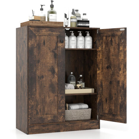 COSTWAY Wooden Storage Cabinet 60cm Double Doors Adjustable Shelves Kitchen Floor Cabinet Brown