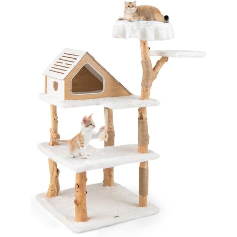 COSTWAY
Albero per Gatti in Legno 150cm, Tiragraffi per Animali Domestici con 2
Trespoli, Corda in Sisal e Morbido Peluche, Mobile per Gatti, Bianco e 
Naturale