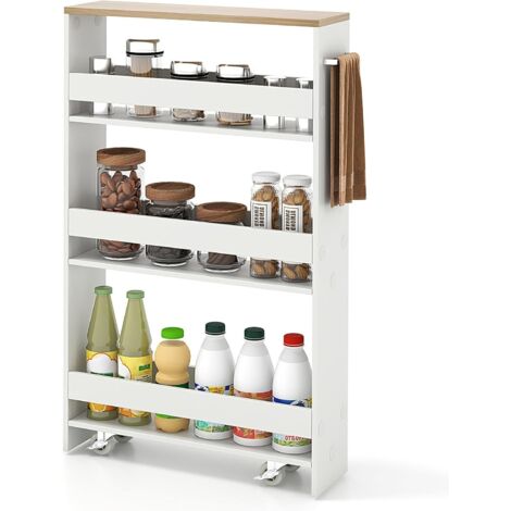 COSYWAY Carrello Portaoggetti a 4 Ripiani, Carrello da Cucina con Maniglia Laterale e Ruote, Carrellino Scorrevole Salvaspazio Slim e Sottile (Naturale+Bianco, 13 cm)
