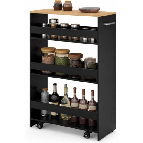 COSYWAY Carrello Portaoggetti a 4 Ripiani, Maniglia Laterale e Ruote, 25 cm,Naturale+nero