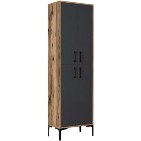 Cotecosy – Armoire en bois mélaminé noyer et anthracite 60cm – 4 portes – 6 étagères réglables – Hauteur 200cm – Pieds métal noir 12cm