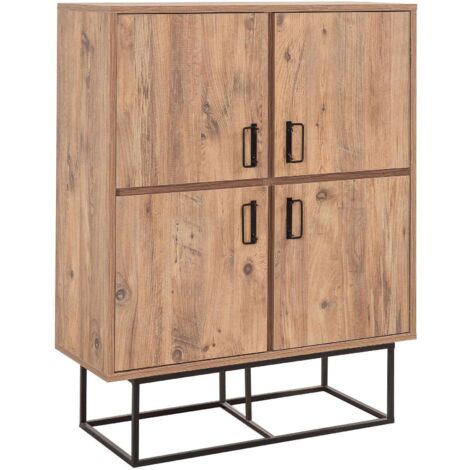 Cotecosy – Armoire de rangement 4 portes chêne naturel mélaminé – Dimensions L 93cm x H 115cm x P 36cm – Cadre métallique noir moderne