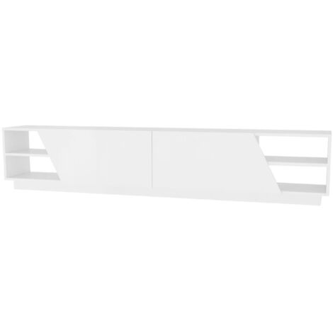 Cotecosy – Banc TV 240cm 2 portes 2 étagères en bois mélaminé blanc – Design moderne – Fabrication européenne – Labellisé FSC