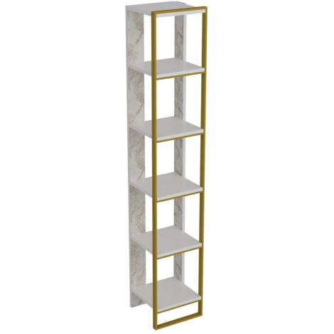 Cotecosy – Bibliothèque baroque 32,2x178,5cm – Bois mélaminé blanc effet marbre – Métal or – 6 étagères – Fixation murale pour stabilité