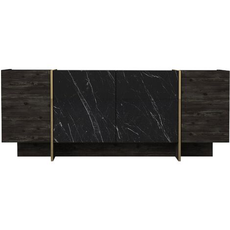 Cotecosy – Buffet 4 portes en bois mélaminé gris foncé et noir effet marbre – Dimensions L 180 x H 75,5 x P 46,6 cm – Fabrication Europe