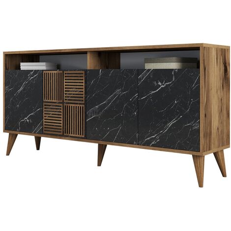 Cotecosy – Buffet en bois mélaminé noir effet marbre 4 portes – Dimensions L 160 x H 78.6 x P 35 cm – Design contemporain pour rangement élégant