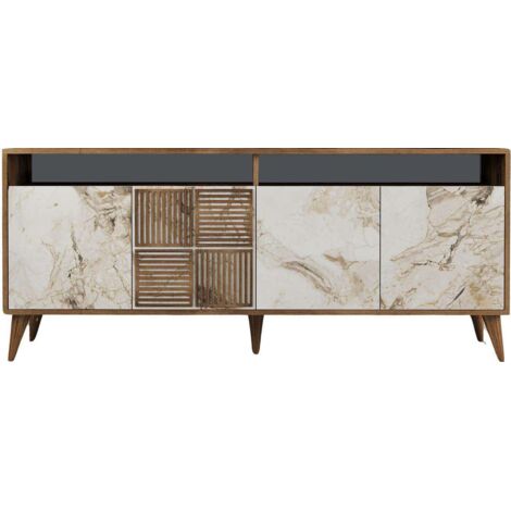 Cotecosy – Buffet en bois noyer et blanc effet marbre 4 portes – Dimensions L 180 x H 78,6 x P 35 cm – Panneaux mélaminés pour durabilité