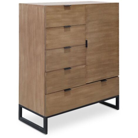 Cotecosy – Buffet haut 5 tiroirs et 1 porte battante – Bois d'acacia finition chêne clair – Dimensions L90 x P40 x H112 cm – Pieds en métal moderne