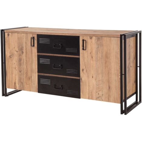 Cotecosy – Buffet industriel 2 portes 3 tiroirs en bois chêne clair et métal noir – Dimensions L 160 x H 80 x P 45 cm – Glissières télescopiques