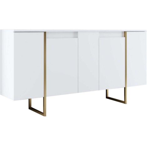 Cotecosy – Buffet moderne 4 portes en aggloméré mélaminé – Pieds en métal noir mat – Dimensions L 160 x P 35 x H 80 cm – Design contemporain