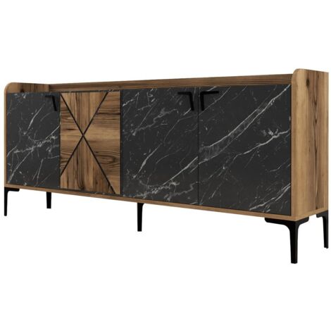 Cotecosy – Buffet moderne 4 portes en bois mélaminé noir effet marbre – Longueur 180 cm – Étagères intérieures ajustables – Fabrication Europe